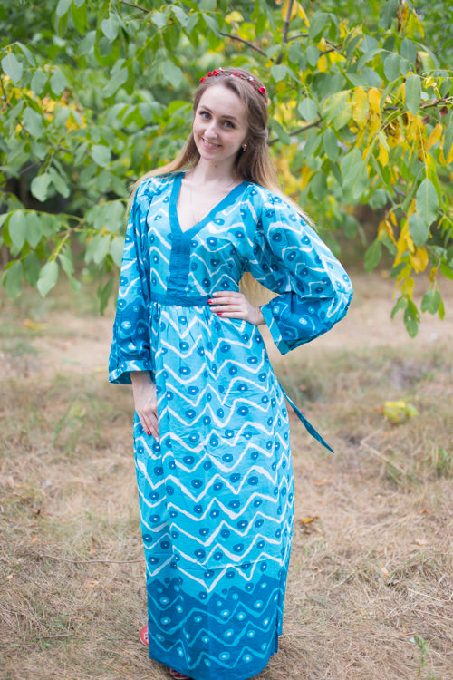 Teal My Peasant Dress Style Caftan in Chevron Dots Pattern