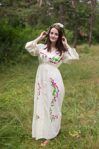 Light Yellow Button Me Down Style Caftan in Climbing Vines Pattern