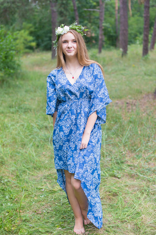 Dark Blue High Low Wind Flow Style Caftan in Damask Pattern