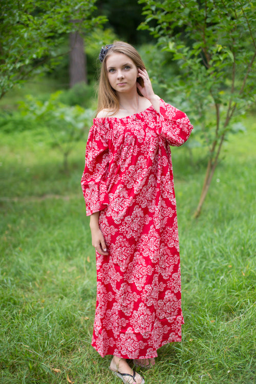 Red Serene Strapless Style Caftan in Damask Pattern
