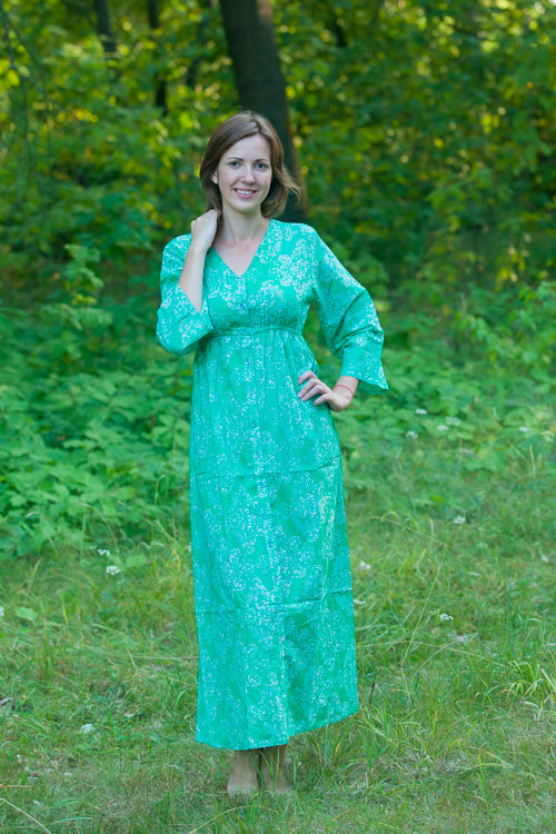 Teal Button Me Down Style Caftan in Damask Pattern