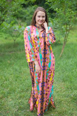 Coral Mandarin On My Mind Style Caftan in Diamond Aztec Pattern