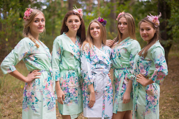 Mint Blooming Flowers Pattern Bridesmaids Robes