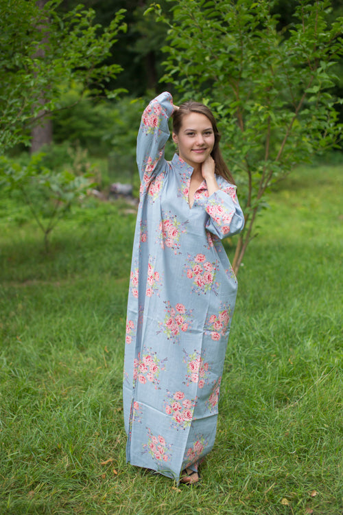 Gray Mandarin On My Mind Style Caftan in Faded Flowers Pattern