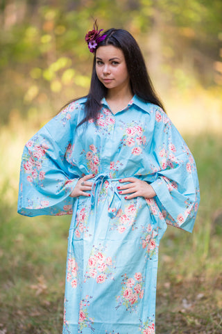 Light Blue Oriental Delight Style Caftan in Faded Flowers Pattern