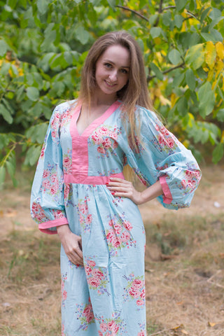 Light Blue My Peasant Dress Style Caftan in Faded Flowers Pattern