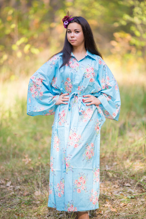 Light Blue Oriental Delight Style Caftan in Faded Flowers Pattern