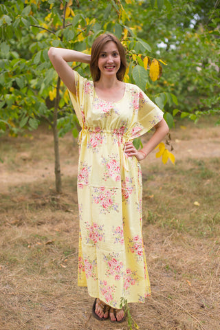 Light Yellow Side Strings Sweet Style Caftan in Faded Flowers Pattern