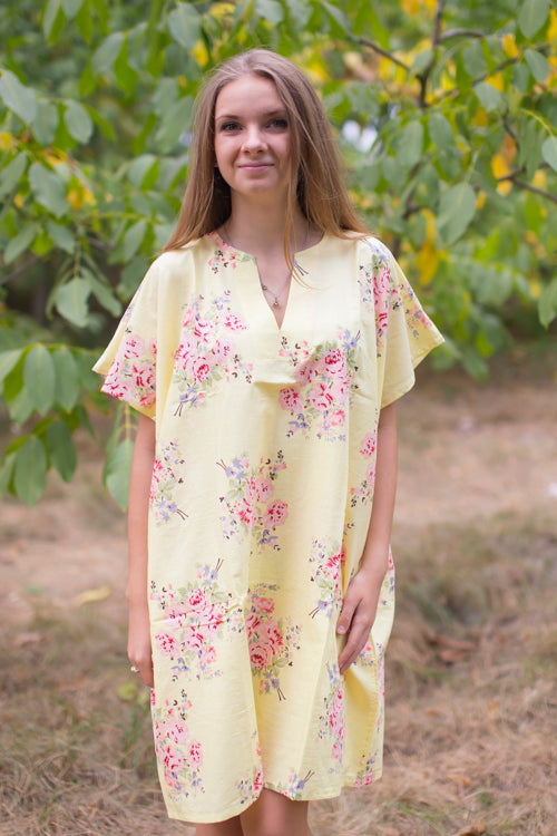 Light Yellow Sunshine Style Caftan in Faded Flowers Pattern