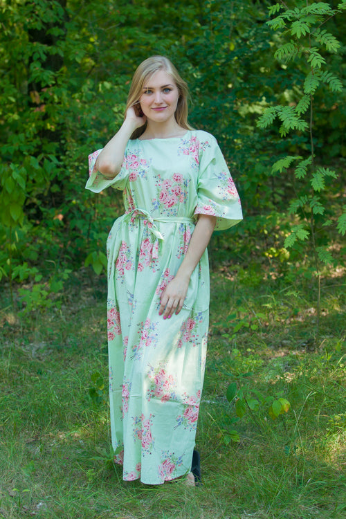 Mint Mademoiselle Style Caftan in Faded Flowers Pattern