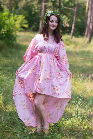 Pink High Low Wind Flow Style Caftan in Faded Flowers Pattern