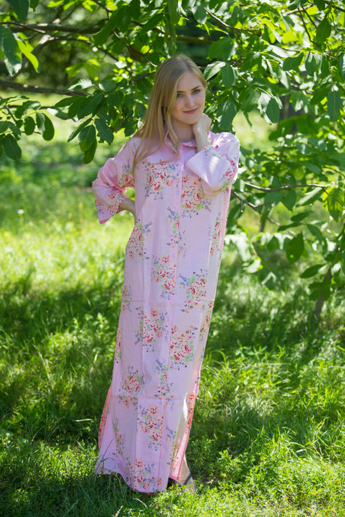 Pink Charming Collars Style Caftan in Faded Flowers Pattern