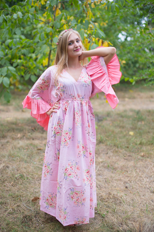 Pink Frill Lovers Style Caftan in Faded Flowers Pattern