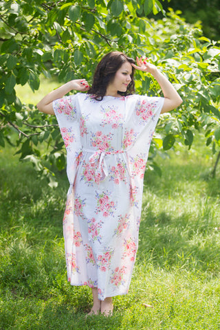 White Divinely Simple Style Caftan in Faded Flowers Pattern