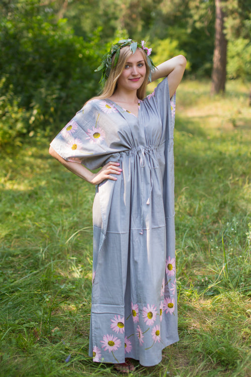 Gray Timeless Style Caftan in Falling Daisies Pattern