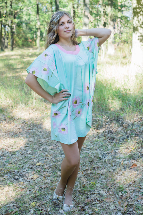 Mint Summer Celebration Style Caftan in Falling Daisies Pattern