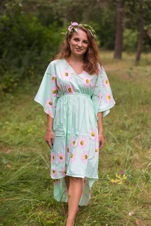 Mint High Low Wind Flow Style Caftan in Falling Daisies Pattern