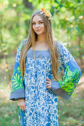 Blue Fire Maiden Style Caftan in Falling Leaves Pattern