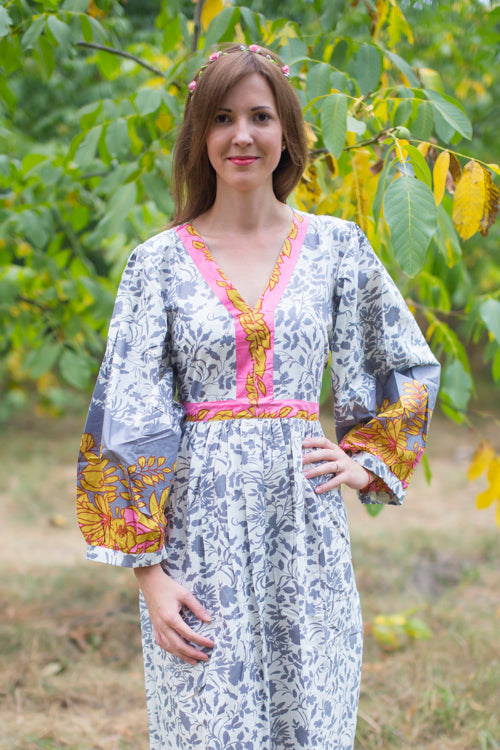 Gray My Peasant Dress Style Caftan in Falling Leaves Pattern|Gray My Peasant Dress Style Caftan in Falling Leaves Pattern|Falling Leaves