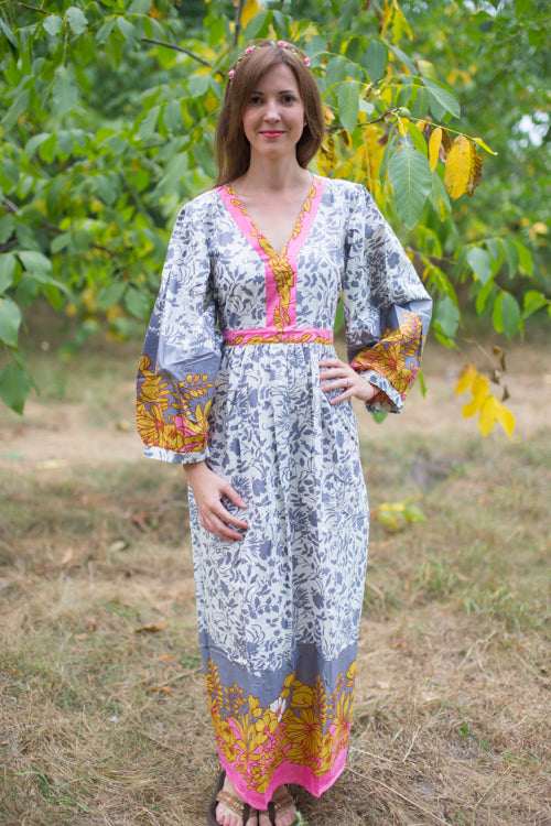 Gray My Peasant Dress Style Caftan in Falling Leaves Pattern