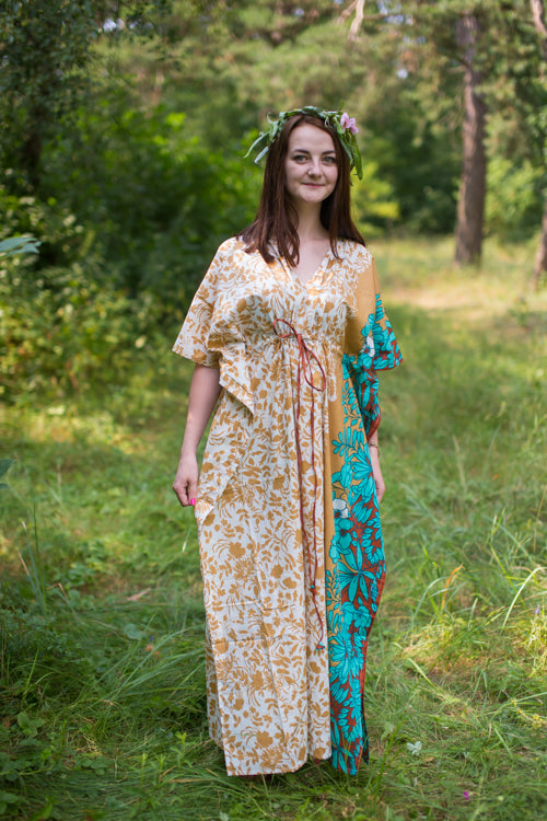 Off White Peach Timeless Style Caftan in Falling Leaves Pattern