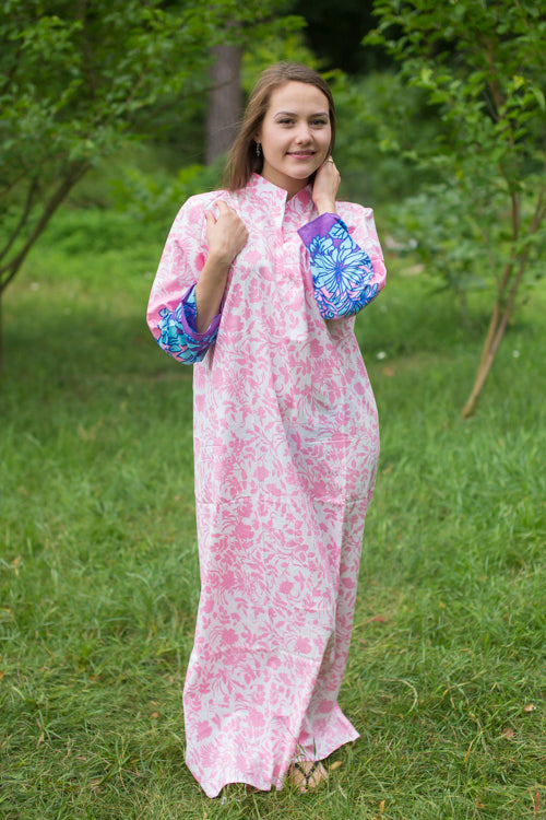 Pink Mandarin On My Mind Style Caftan in Falling Leaves Pattern