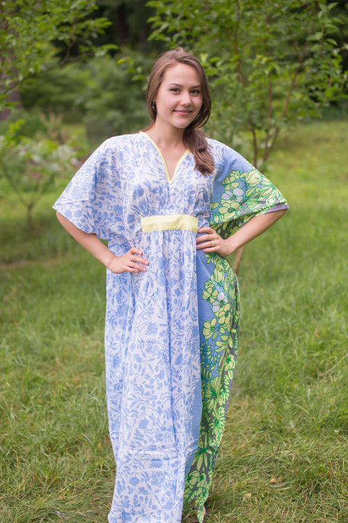 White Blue Unfurl Style Caftan in Falling Leaves Pattern