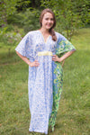 White Blue Unfurl Style Caftan in Falling Leaves Pattern