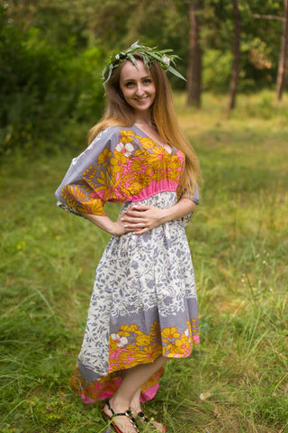 White Gray High Low Wind Flow Style Caftan in Falling Leaves Pattern