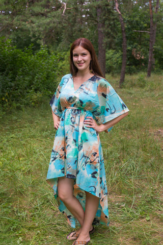 Aqua Coral High Low Wind Flow Style Caftan in Flamingo Watercolor Pattern