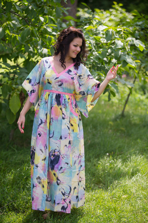 Blue Pink Breezy Bohemian Style Caftan in Flamingo Watercolor