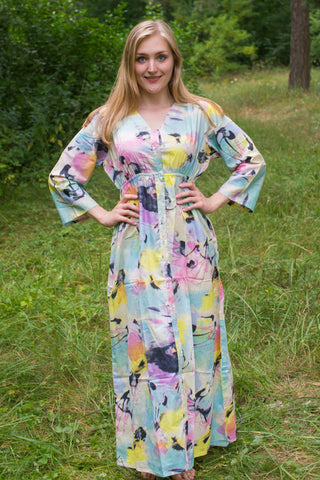 Blue Pink Button Me Down Style Caftan in Flamingo Watercolor Pattern