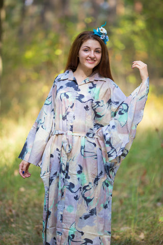 Gray Oriental Delight Style Caftan in Flamingo Watercolor Pattern