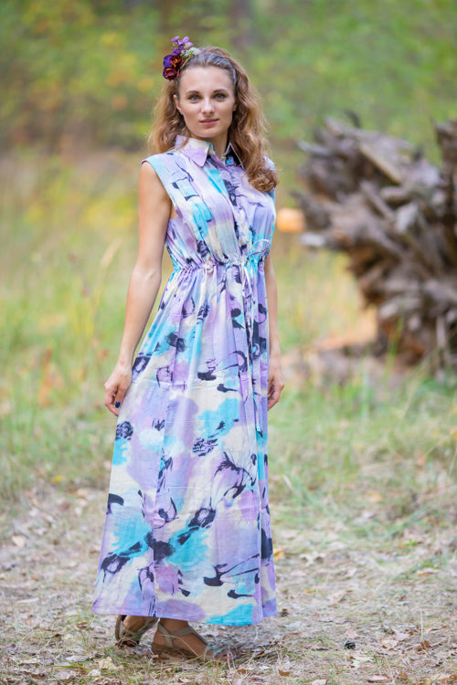Lilac Cool Summer Style Caftan in Flamingo Watercolor Pattern