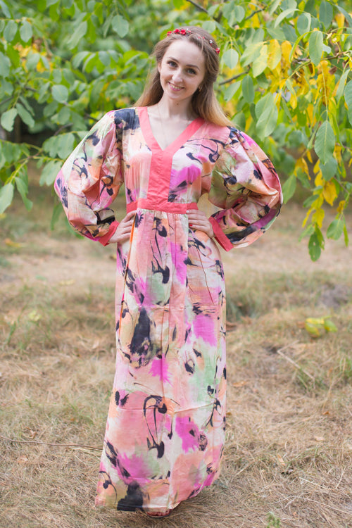 Pink Peach My Peasant Dress Style Caftan in Flamingo Watercolor Pattern Pink Peach My Peasant Dress Style Caftan in Flamingo Watercolor Pattern