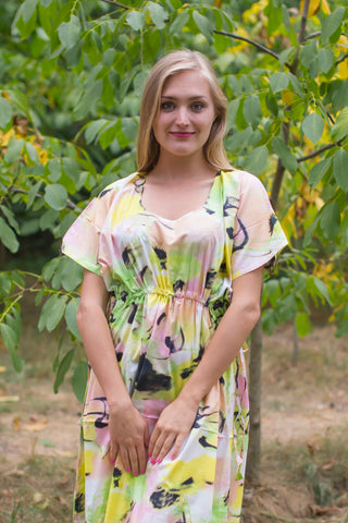 White Pink Side Strings Sweet Style Caftan in Flamingo Watercolor Pattern