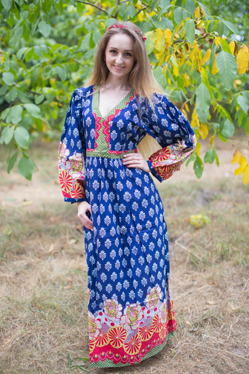 Dark Blue My Peasant Dress Style Caftan in Floral Bordered Pattern