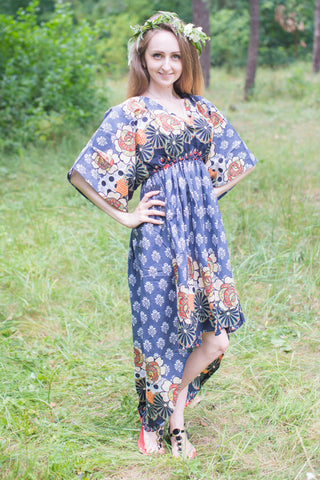 Gray High Low Wind Flow Style Caftan in Floral Bordered Pattern