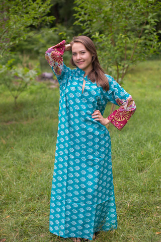 Teal Mandarin On My Mind Style Caftan in Floral Bordered Pattern