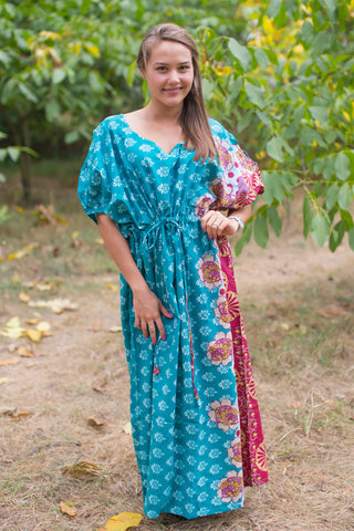 Teal Cut Out Cute Style Caftan in Floral Bordered Pattern