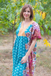 Teal Flowing River Style Caftan in Floral Bordered Pattern