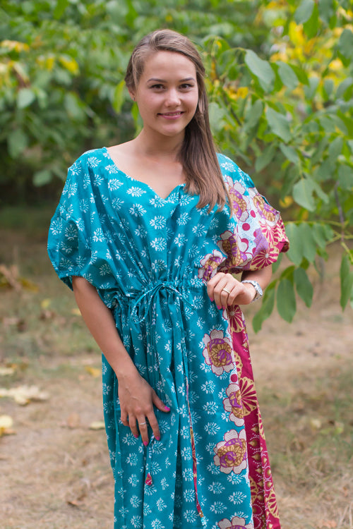 Teal Cut Out Cute Style Caftan in Floral Bordered Pattern