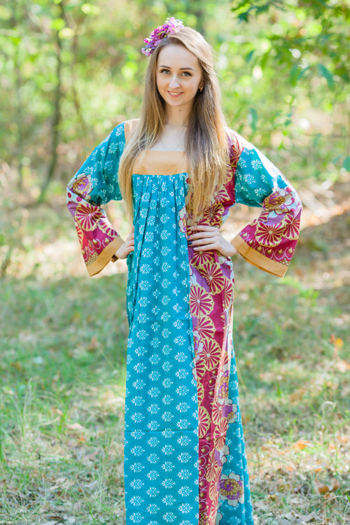 Teal Fire Maiden Style Caftan in Floral Bordered Pattern