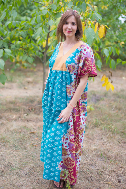 Teal Flowing River Style Caftan in Floral Bordered Pattern