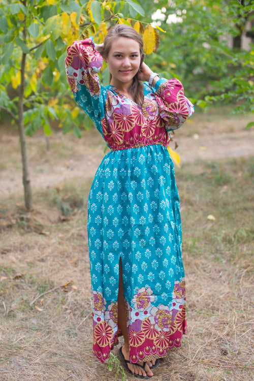 Teal Shape Me Pretty Style Caftan in Floral Bordered Pattern