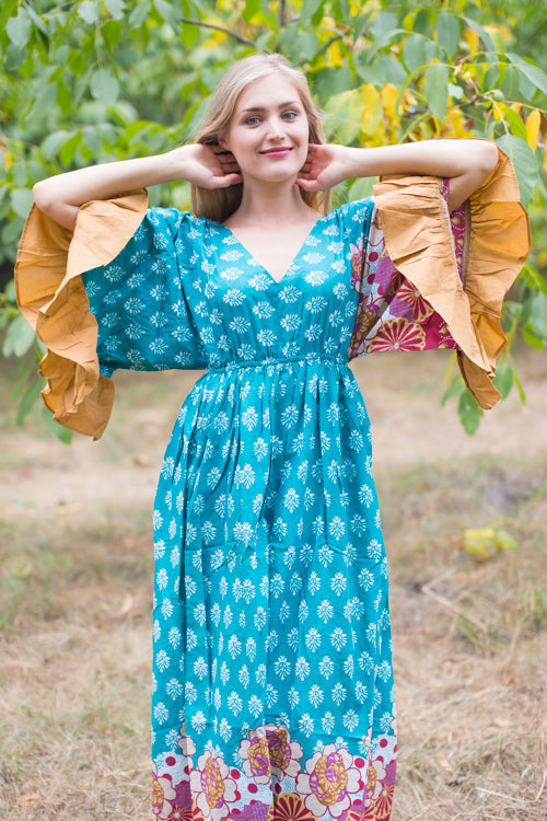 Teal Frill Lovers Style Caftan in Floral Bordered Pattern