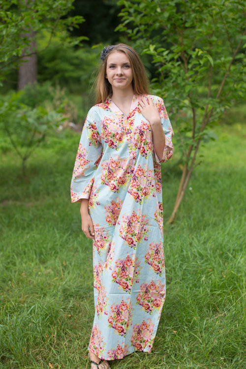 Light Blue Simply Elegant Style Caftan in Floral Posy Pattern|Light Blue Simply Elegant Style Caftan in Floral Posy Pattern|Floral Posy