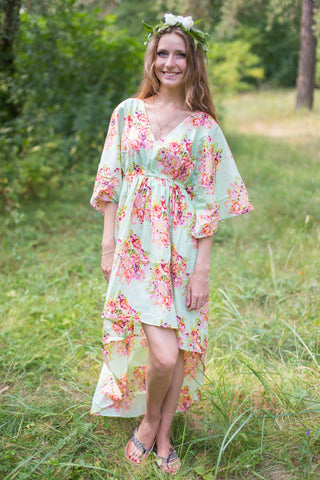 Mint High Low Wind Flow Style Caftan in Floral Posy Pattern