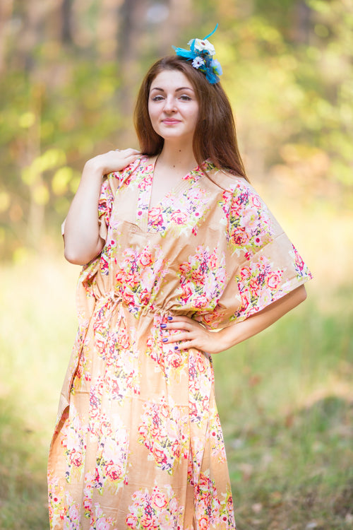Tan The Drop-Waist Style Caftan in Floral Posy Pattern|Tan The Drop-Waist Style Caftan in Floral Posy Pattern|Floral Posy