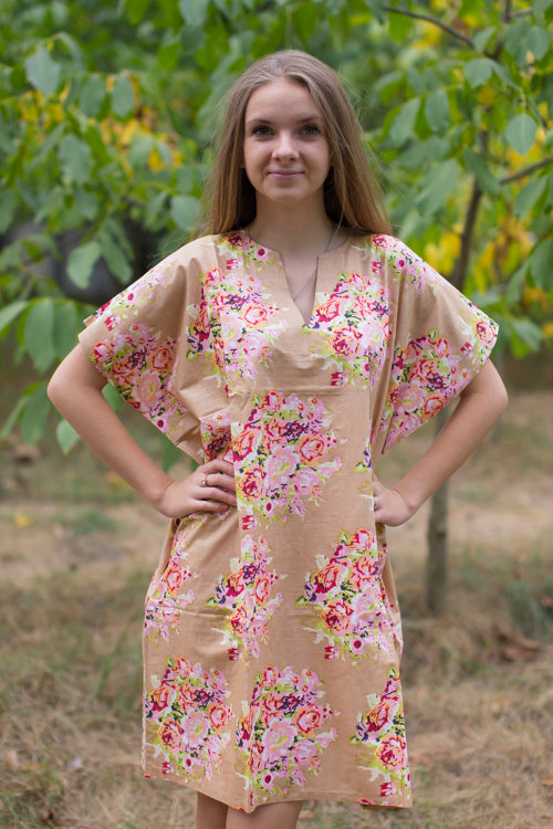 Taupe Sunshine Style Caftan in Floral Posy Pattern